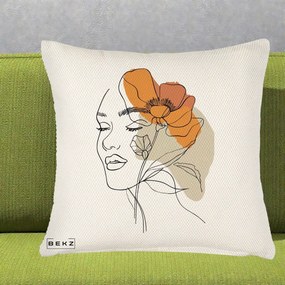 Perna Decorativa Portret Feminin Mac Mare Portocaliu, 40x40 cm, Crem Reliefat, Husa Detasabila, Perna Inclusa, BEKZ®
