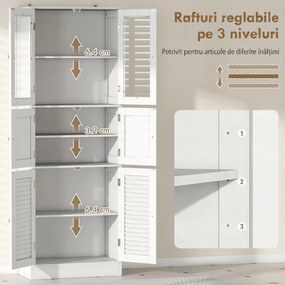 HOMCOM Dulap pentru baie cu 3 compartimente și 2 uși din sticlă și lemn, rafturi reglabile, 60x30x170 cm, alb | Aosom Romania