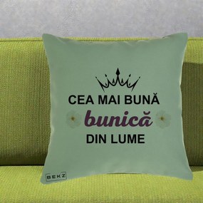 Cadou pentru Bunica - Perna Personalizata Cea Mai Buna Bunica Din Lume Coroana Mov Flori, 40x40 cm, Verde, Husa Detasabila, Perna Inclusa, BEKZ®