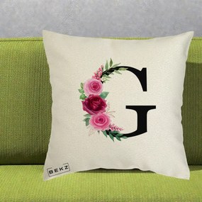 Cadou Personalizat - Perna Personalizata Monograma Florala Litera G, 40x40 cm, Ecru, Husa Detasabila, Perna Inclusa, BEKZ®