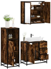 vidaXL Set mobilier de baie, 3 piese, stejar fumuriu, lemn prelucrat