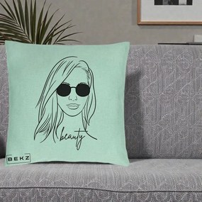 Perna Decorativa Beauty Girl Line Art, 40x40 cm, Verde Menta, Husa Detasabila, Perna Inclusa, BEKZ®