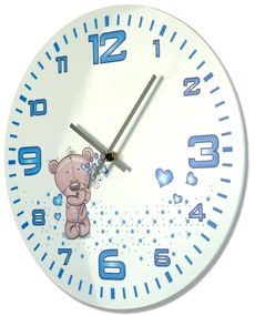 Ceas de perete alb pentru băieți cu model ursuleț de pluș și cadran albastru
