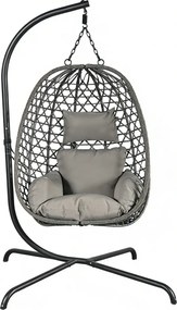 Fotoliu leagan suspendat, cu perne moi, cos pliabil, rezistente la UV, împletitură PE ratan, structură metalică, pentru interior și exterior, Gri