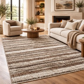 Covor cameră antiderapant Welsoft Plus, model dungi, maro-bej, 80x200 cm