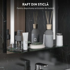 Kleankin Oglindă Baie cu Lumină LED Reglabilă pe 3 Culori și Raft din Sticlă, 50x12x70 cm, Argintiu | Aosom Romania