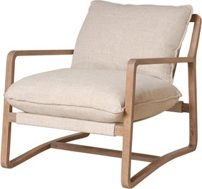 Fotoliu lounge bej din stofă de in organic cu structură din lemn de stejar, „Serene”
