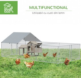 PawHut Cotet pentru Găini în Grădină, Capacitate 15-18 Găini, Oțel Zincat, PE, Copertină, Incuietoare, 600x300x195 cm, Gri Argintiu | Aosom Romania