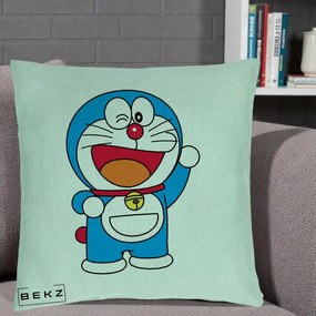 Perna Personalizata Doraemon Salutand, 40x40 cm, Verde Menta, Husa Detasabila, Perna Inclusa, BEKZ®