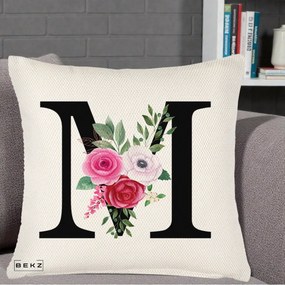 Cadou Personalizat - Perna Personalizata Monograma Florala Litera M cu Trandafiri si Anemona, 40x40 cm, Crem Reliefat, Husa Detasabila, Perna Inclusa, BEKZ®