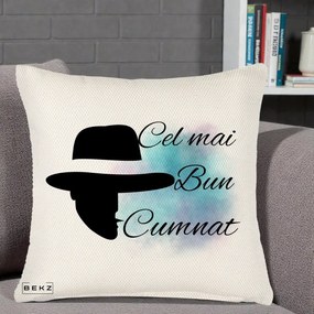 Cadou pentru Cumnat - Perna Personalizata Cel mai Bun Cumnat cu Silueta Palarie si Pete Teal-Roz, 40x40 cm, Crem Reliefat, Husa Detasabila, Perna Inclusa, BEKZ®