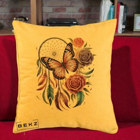 Perna Personalizata Prinzator de Vise cu Fluture si Trandafiri, 40x40 cm, Galben, Husa Detasabila, Perna Inclusa, BEKZ®