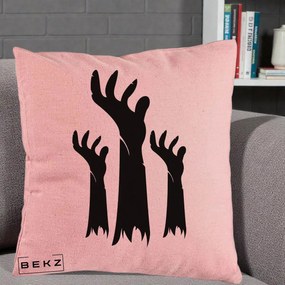 Perna Decorativa Halloween Maini Zombie Alb-Negru, 40x40 cm, Roz, Husa Detasabila, Perna Inclusa, BEKZ®