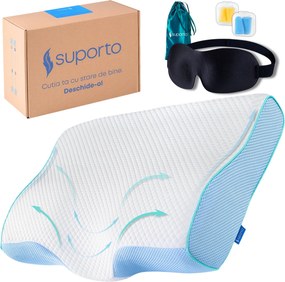 Set Perna Cervicala Suporto Aura Anatomica si Ortopedica Albastra + Masca de dormit 3D cu saculet Verde Smarald, pachet pentru ochi obositi si un