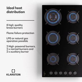 Goldflame 6, plită pe gaz, autonomă, 6 arzătoare, control lateral, gaz/propan, sticlă ceramică, negru