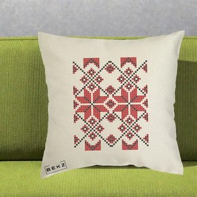 Perna Personalizata Motiv Traditional Cusatura Rosu-Negru, 40x40 cm, Ecru, Husa Detasabila, Perna Inclusa, BEKZ®