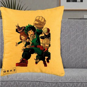 Perna Personalizata My Hero Academia Izuku Deku si Echipa, 40x40 cm, Galben, Husa Detasabila, Perna Inclusa, BEKZ®
