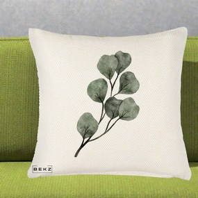 Perna Decorativa Ramura Eucalipt Acuarela, 40x40 cm, Crem Reliefat, Husa Detasabila, Perna Inclusa, BEKZ®