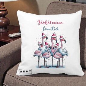 Perna Decorativa Flamingo Craciun Sarbatoarea Familiei, 40x40 cm, Alba Mata, Husa Detasabila, Perna Inclusa, BEKZ®