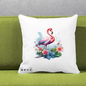 Perna Decorativa Flamingo cu Flori Tropicale Acuarela, 40x40 cm, Alba Mata, Husa Detasabila, Perna Inclusa, BEKZ®