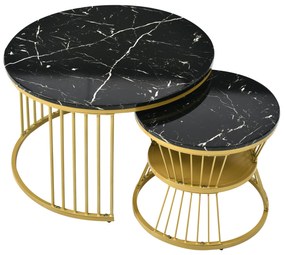 Set de 2 Măsuțe de Cafea Moderne, cu Blat cu Efect de Marmură și Cadru Metalic Auriu, Dimensiuni 70x70x47 cm și 45x45x40 cm, Negru