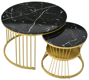 Set de 2 Măsuțe de Cafea Moderne, cu Blat cu Efect de Marmură și Cadru Metalic Auriu, Dimensiuni 70x70x47 cm și 45x45x40 cm, Negru