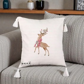 Perna Decorativa Renita cu Fular si Luminite, 40x40 cm, Bej cu Franjuri, Husa Detasabila, Perna Inclusa, BEKZ®