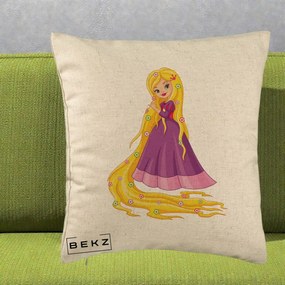 Perna Personalizata Rapunzel Par Lung Floral, 40x40 cm, Bej, Husa Detasabila, Perna Inclusa, BEKZ®
