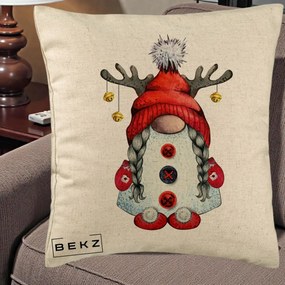 Perna Decorativa Pitic Gnom Craciun cu Coarne de Ren, 40x40 cm, Bej, Husa Detasabila, Perna Inclusa, BEKZ®