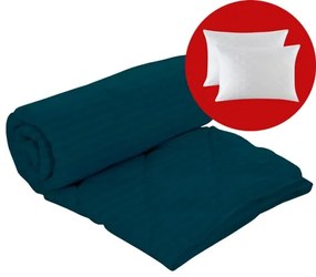 Set pilota iarna, umplutura lana, material damasc policoton, 200x220cm, matlasata, bleumarin, Pucioasa cu 2 perne, matlasate, antialergice, 50x70cm, albe, Pucioasa