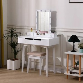 Set KASIA – Masă de Toaletă pentru Machiaj, Oglinda Iluminata, Becuri LED, 4 sertare, Scaun, Alb