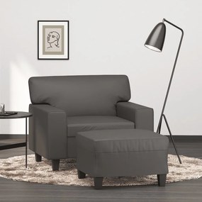 vidaXL Fotoliu canapea cu taburet, gri, 60 cm, piele ecologică