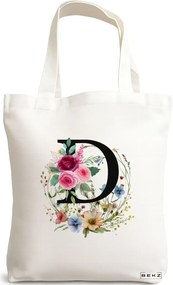 Sacosa de Panza pentru Cumparaturi, Geanta Tote, Cu litera D in Coronita Florala, 38x34.5 cm, Alba, BEKZ®