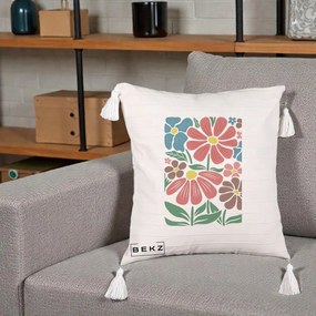 Perna Decorativa Flori Grafice Colorate Retro, 40x40 cm, Bej cu Franjuri, Husa Detasabila, Perna Inclusa, BEKZ®