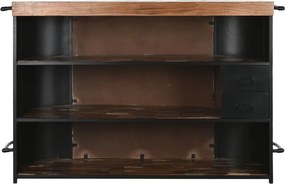 Bar insulă vintage din metal și lemn, negru și multicolor, cu bară pentru picioare, 3 rafturi și 2 sertare, 106 x 165 x 60 cm, „Barme”