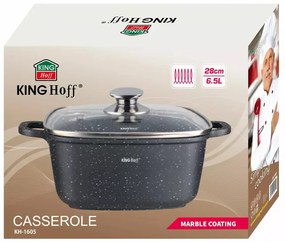 Oală pătrată cu capac 28x28 cm, 6.5L – Kinghoff KH 1605, neagră, strat marmură, perfectă pentru preparate voluminoase