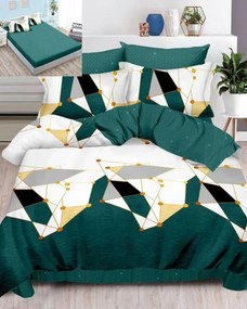 Lenjerie de pat cu elastic, tesatura tip finet, pat 2 persoane, alb / verde, 6 piese, FNE-147