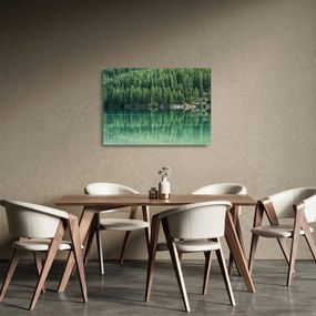 Tablou pe sticlă - Coniferi lângă lac (70x50 cm)