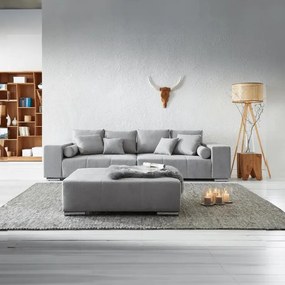 Canapea extensibilă dumonde cu ladă de depozitare si sezut confortabil din spuma high-density, Marbela Enjoy Silver XXL 295x100 cm cu taburet inclus