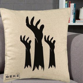 Perna Decorativa Halloween Maini Zombie Alb-Negru, 40x40 cm, Bej, Husa Detasabila, Perna Inclusa, BEKZ®