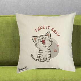 Perna Personalizata Take It Easy Cat, 40x40 cm, Ecru, Husa Detasabila, Perna Inclusa, BEKZ®
