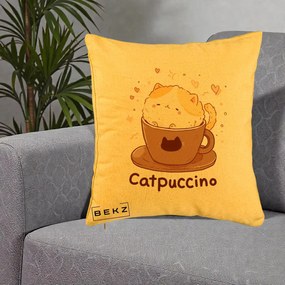 Perna Decorativa Catpuccino Pisica Cappuccino, 40x40 cm, Galben, Husa Detasabila, Perna Inclusa, BEKZ®