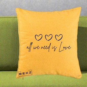 Perna Decorativa All We Need Is Love, 40x40 cm, Galben, Husa Detasabila, Perna Inclusa, BEKZ®