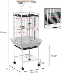 PawHut Colivie pentru păsări, volieră pe roți cu suport, tavă glisantă, bară de lemn pentru odihnă, 62,5x62,5x156cm, alb | Aosom Romania