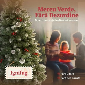 HOMCOM Brad de Crăciun Înnzăpezit Înalt de 150 cm cu 398 Ramuri, Brad Artificial de Interior cu Conuri și Boabe Roșii Decorative, Bază Metalică, Verde | Aosom Romania