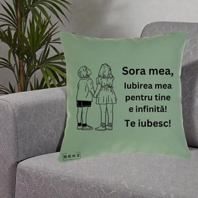 Cadou pentru Sora - Perna Personalizata Sora Mea Te Iubesc Copii Tinand Maini Line Art, 40x40 cm, Verde, Husa Detasabila, Perna Inclusa, BEKZ®