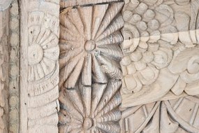 Consolă hol sculptată din lemn de mango, natur, cu coloane, friză cu dentili și panouri cu rozete, 91 x 182 x 54 cm, „Emperia”