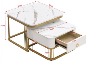 Set de Măsuțe de Cafea Suprapozabile din Marmură Lucioasă cu Detalii Aurii și Sertare, 60x60x45 cm + 50x50x34 cm, Alb