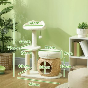 PawHut Copac pentru pisici cu căsuță, minge de joacă și platformă, stuf/sisal, până la 10 kg, 60 x 40 x 79 cm, crem-alb | Aosom Romania