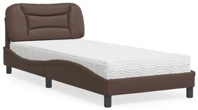 3208698 vidaXL Pat cu saltea, maro, 90x200 cm, piele ecologică